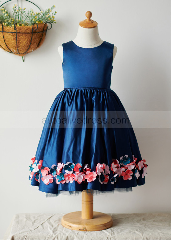 Navy Blue Satin Knee Length Flower Girl Dress With Handmade Flowers